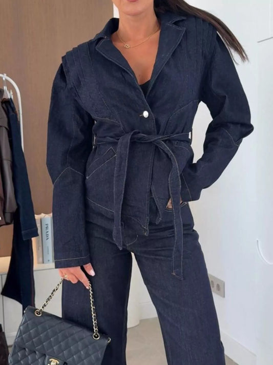 One Button Cropped Denim Jacket with Belted