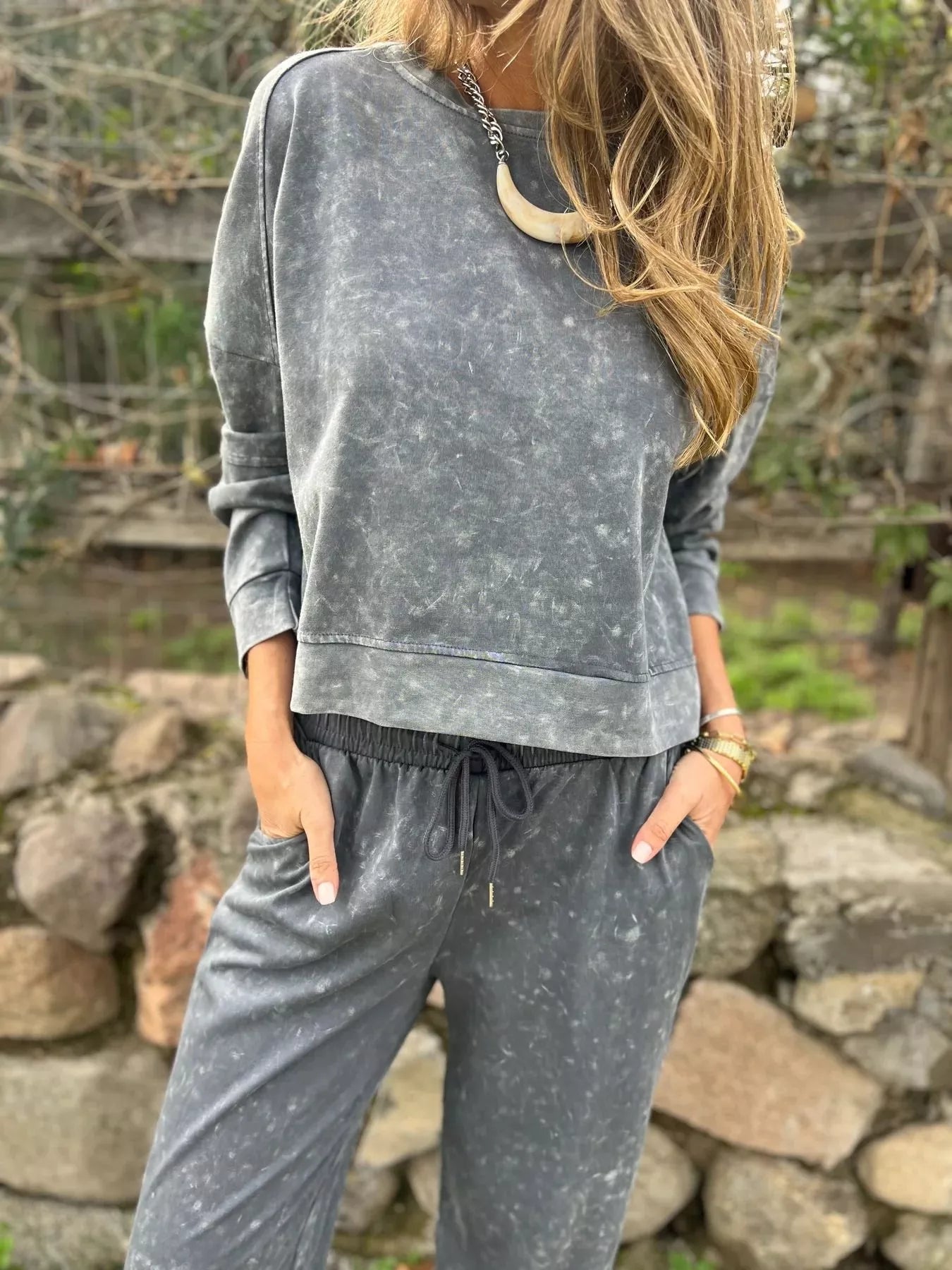 Full Size Washed Round Neck Top and Drawstring Pants Set Plus Size