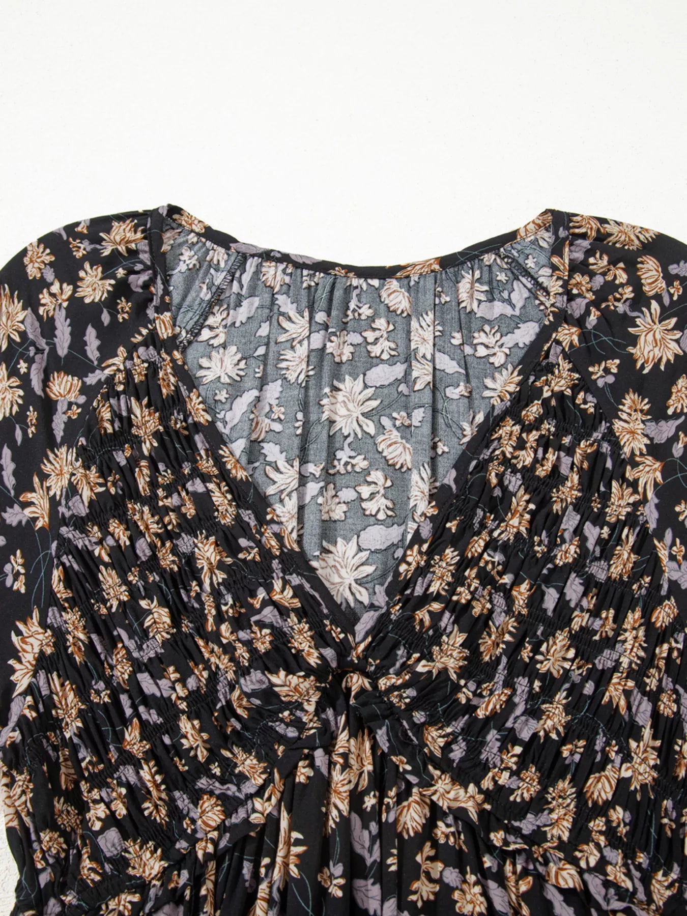 Floral Deep V Neck Smocked Bust Bubble Sleeve Babydoll Dress