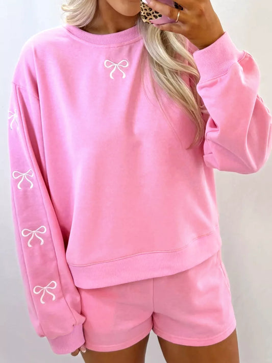 Bow Embroidered Sweatshirt and Shorts Set Pink