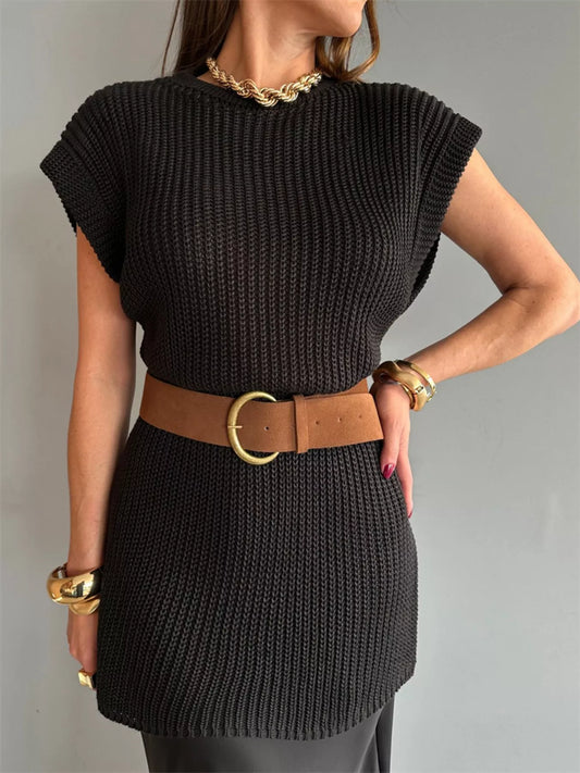 Round Neck Cap Sleeve Sweater Dress Black