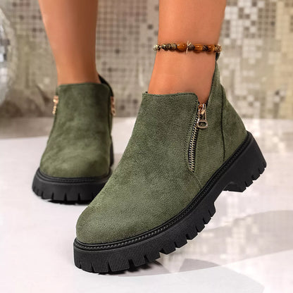 Round Toe Side Zip Ankle Boots Green