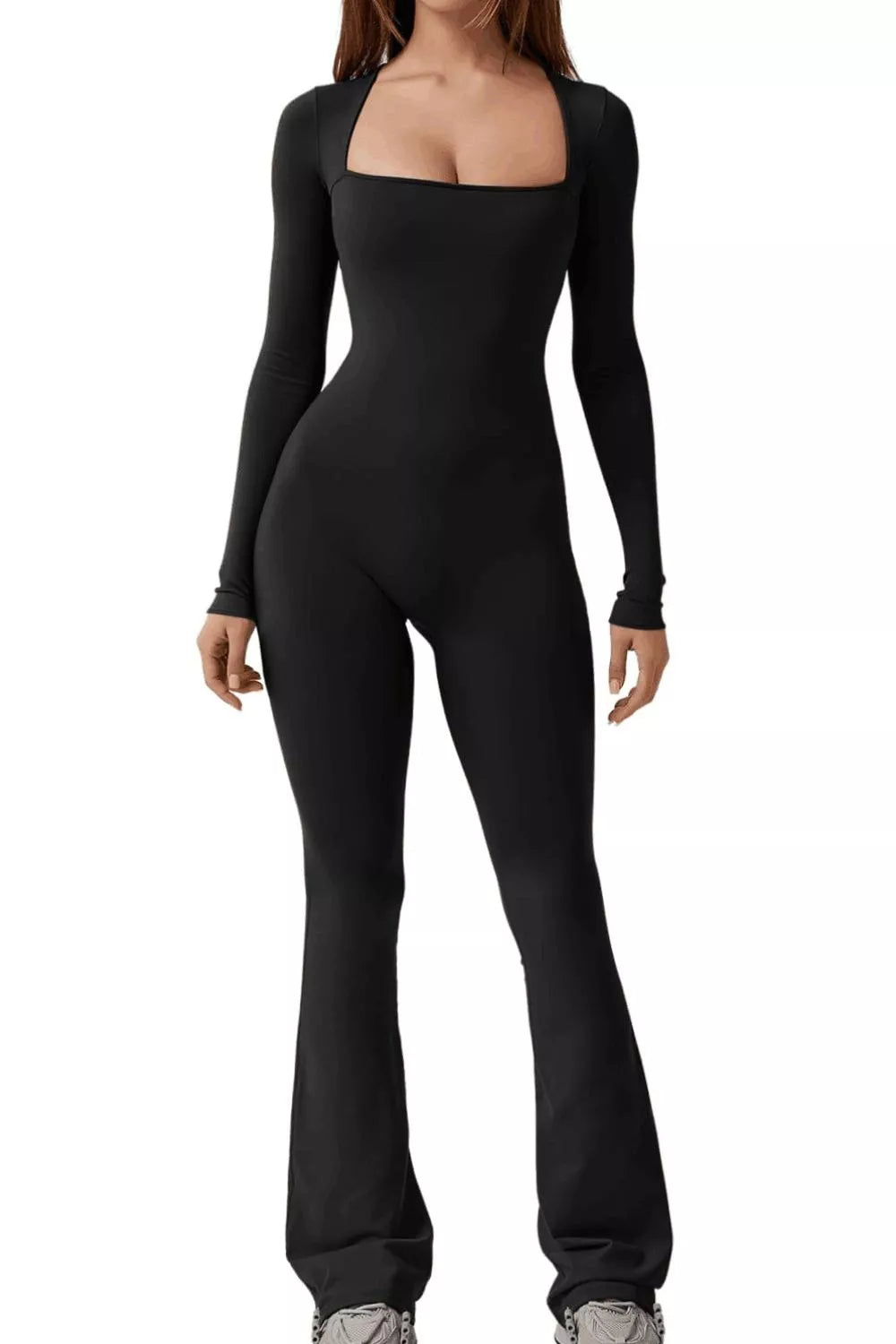 Square Neck Long Sleeve Jumpsuit Black