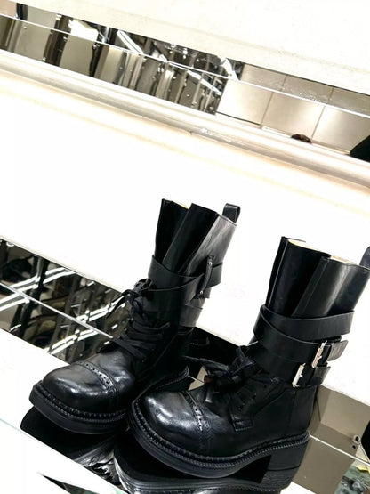 Buckled Leather Block Heel Boots