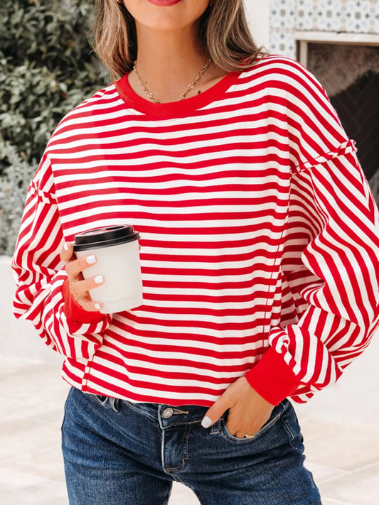 Stripe Exposed Seam Drop Shoulder Casual Top Strawberry