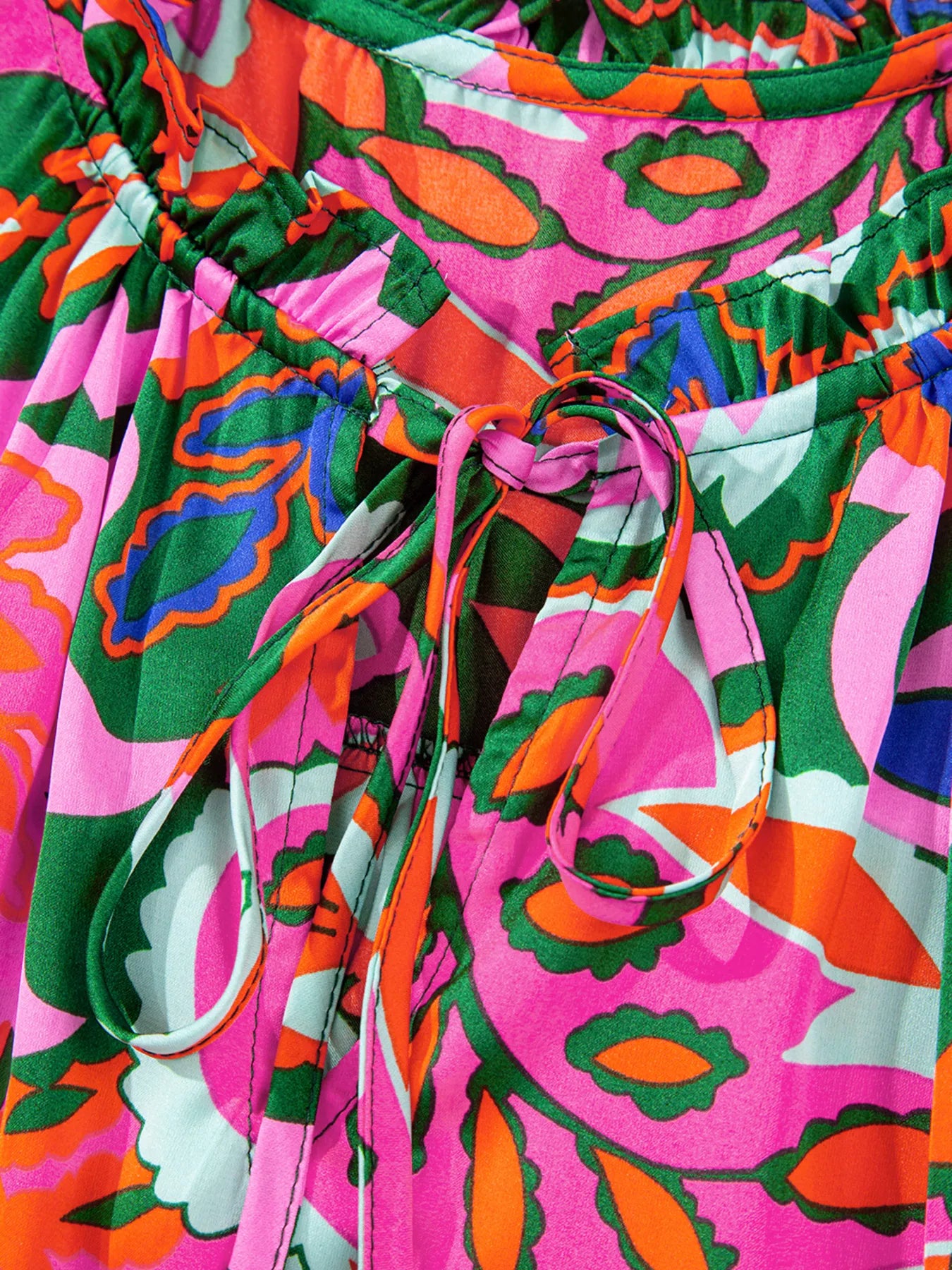 Tropical Print Short Sleeve Tie Neck Blouse