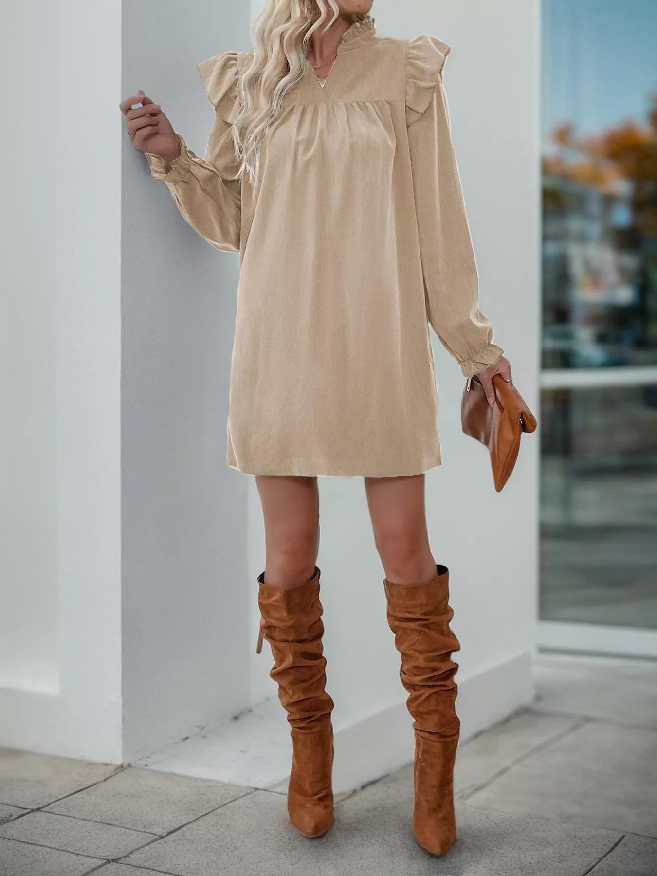 Ruffled Notched Long Sleeve Dress