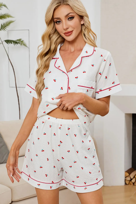 Cheery Print Collared Neck Top and Shorts Lounge Set White