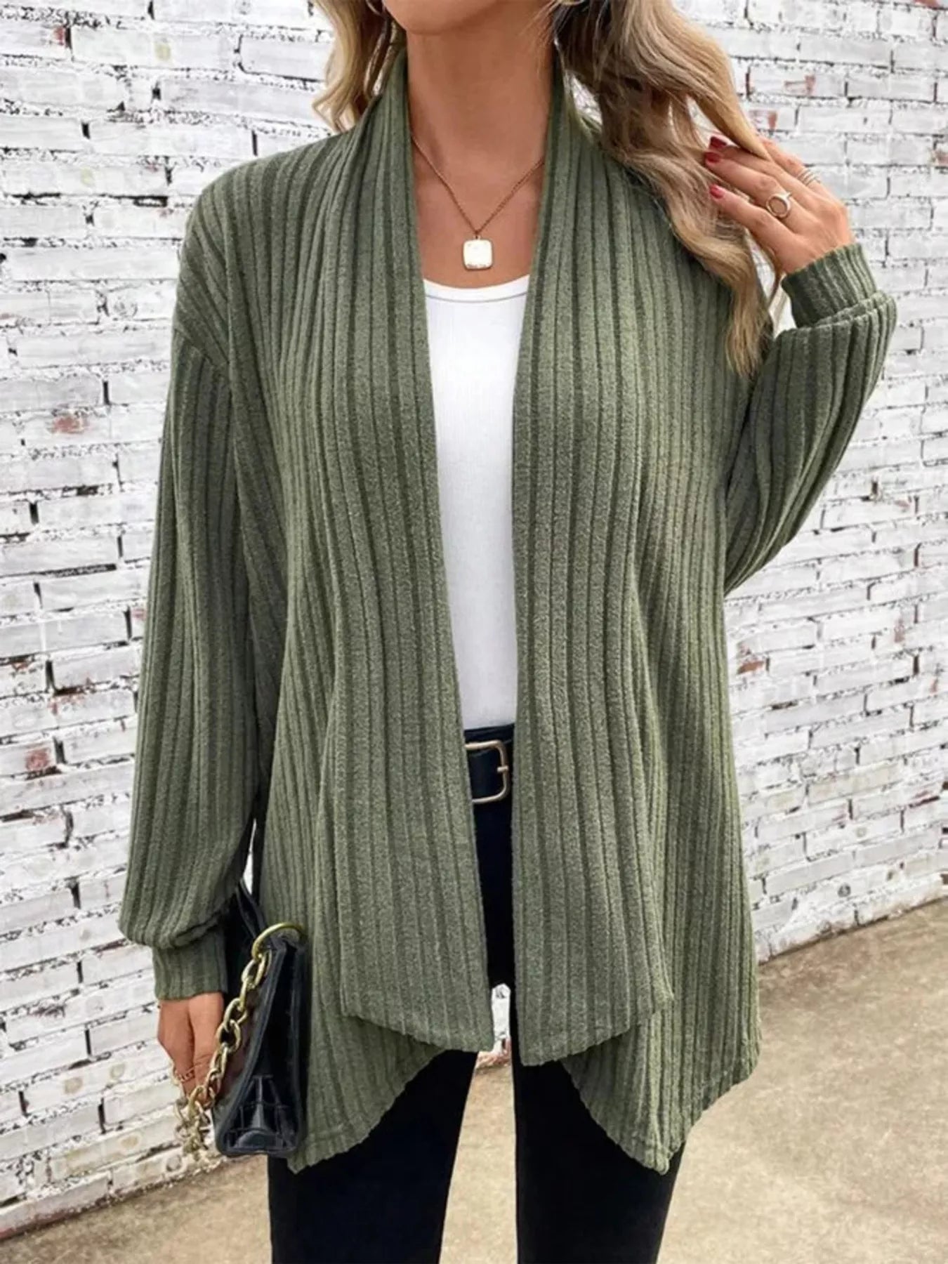 Full Size Ribbed Knit Open Front Cardigan Plus Size