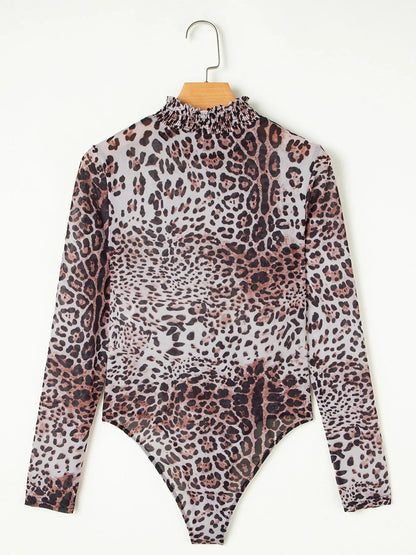 Leopard Print Long Sleeve Mock Neck Bodysuit