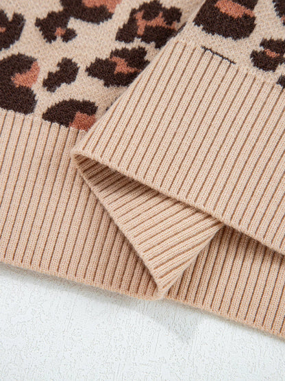 Leopard Print High Neck Shift Mini Sweater Dress