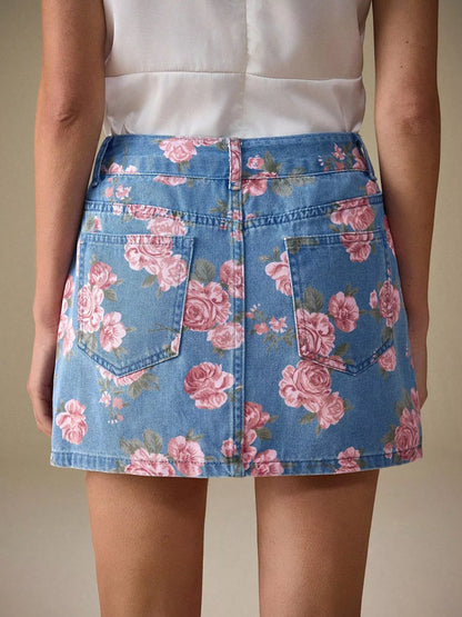 Floral Print Denim Skirt