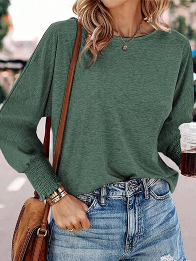 Round Neck Smocked Lantern Sleeve T-Shirt Dark Green