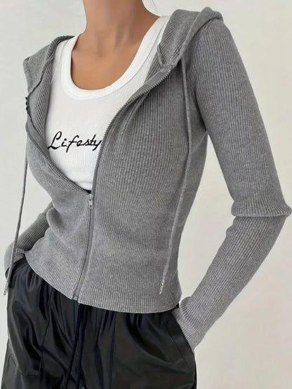 Ribbed Knit Zip-Up Hooded Cardigan