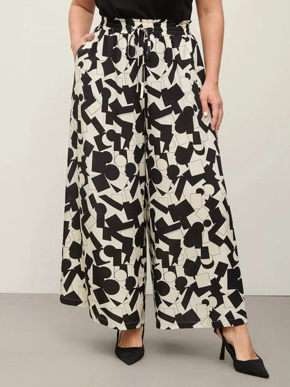 Plus Size Abstract Print Wide Leg Pants Ivory