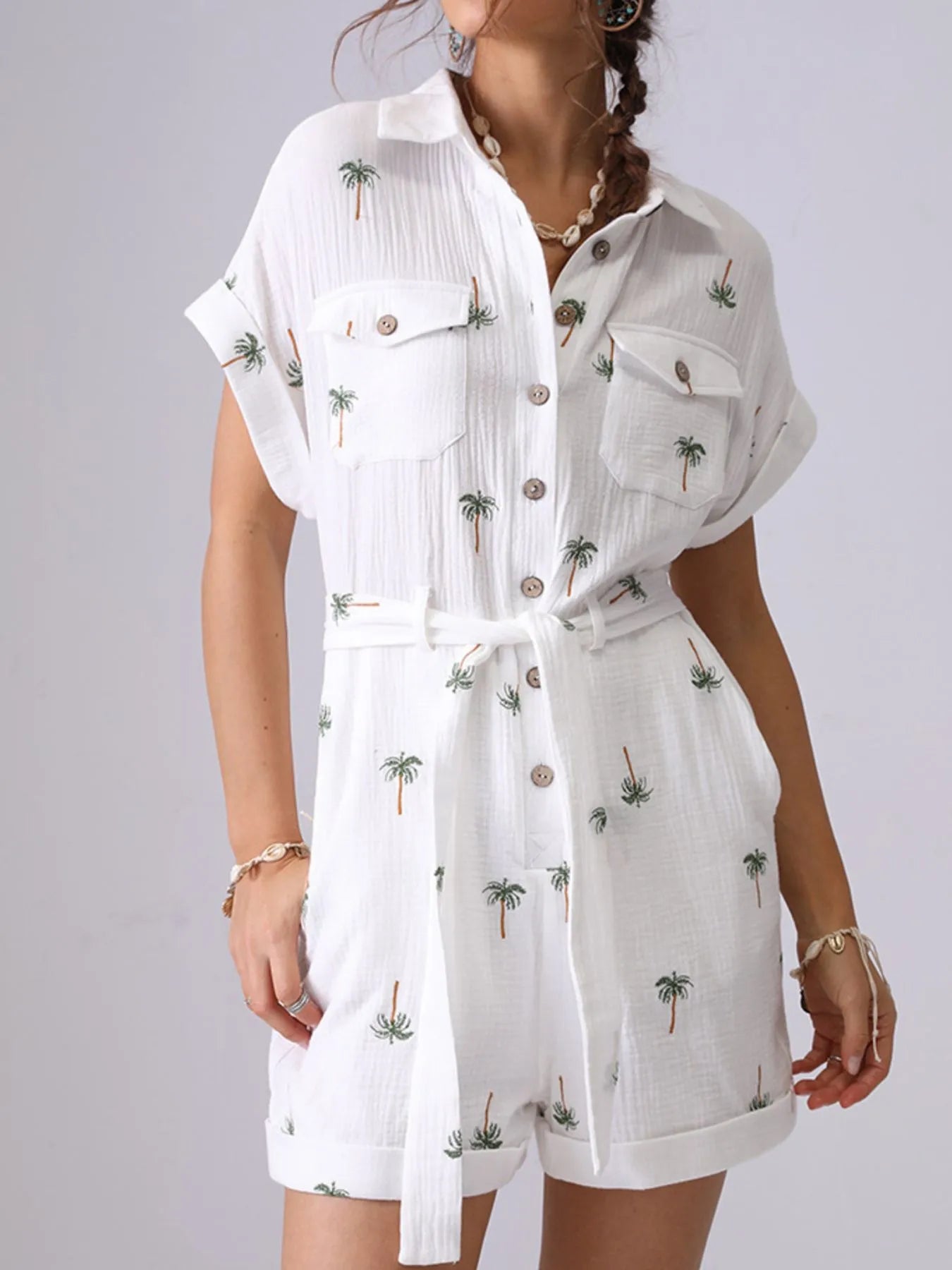Palm Tree Print Short Sleeve Button-Up Romper with Belt