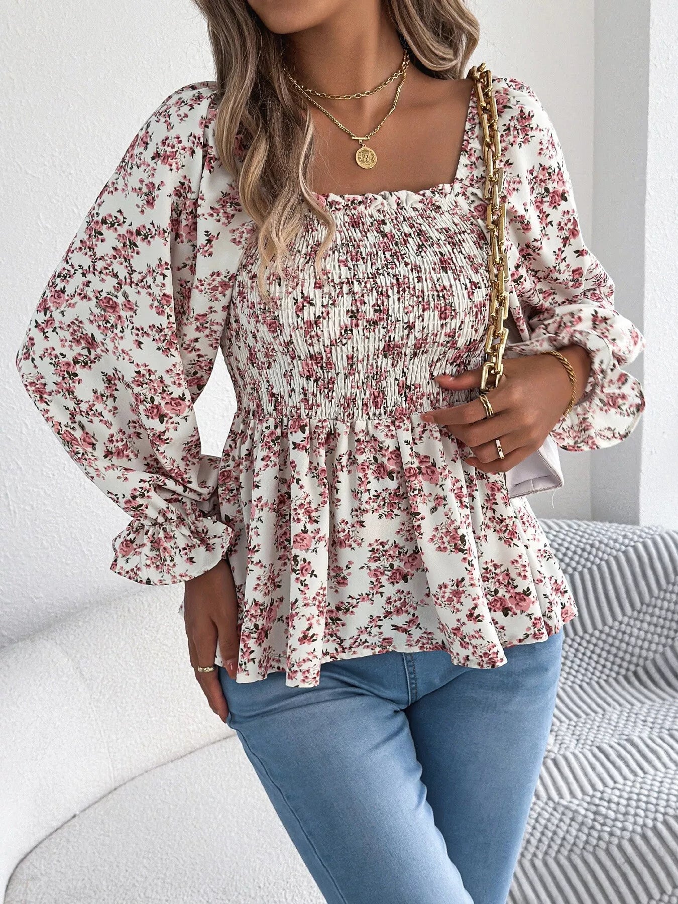 Full Size Floral Print Smocked Long Sleeve Blouse Plus Size
