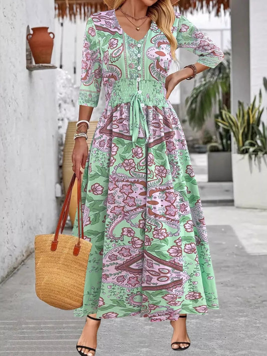 Smocked Printed Half Sleeve Dress Green