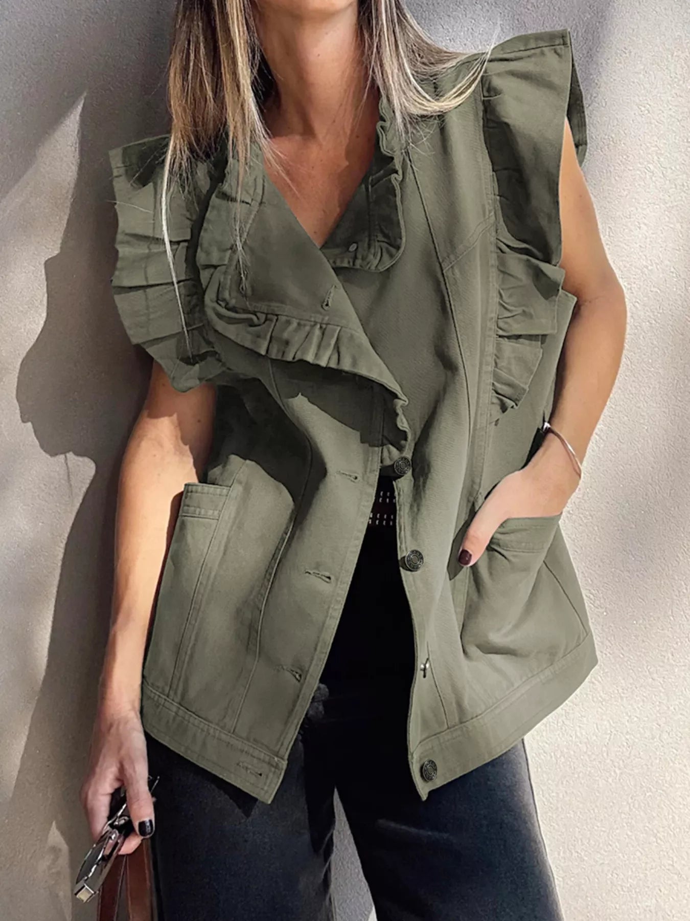 Ruffled Patchwork Denim Jacket Vest