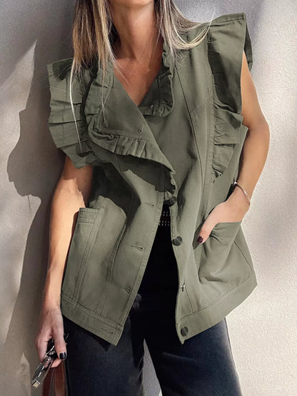Ruffled Patchwork Denim Jacket Vest