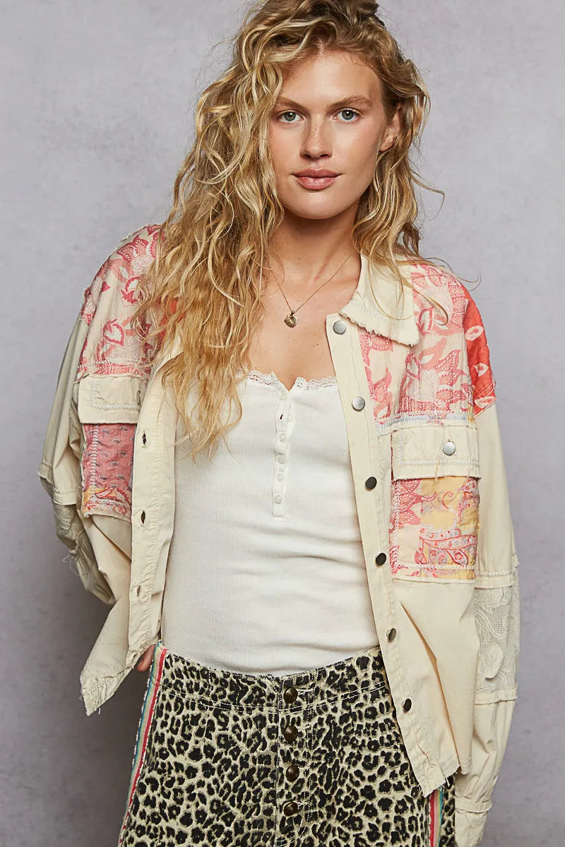 POL Printed Woven Mix Raw Hem Jacket with Lace Detail Cream