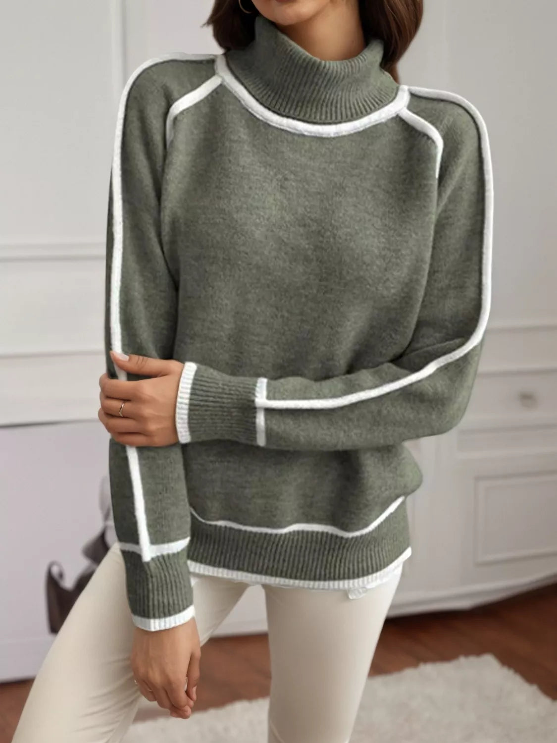 Full Size Turtleneck Contrast Trim Sweater Plus Size Moss