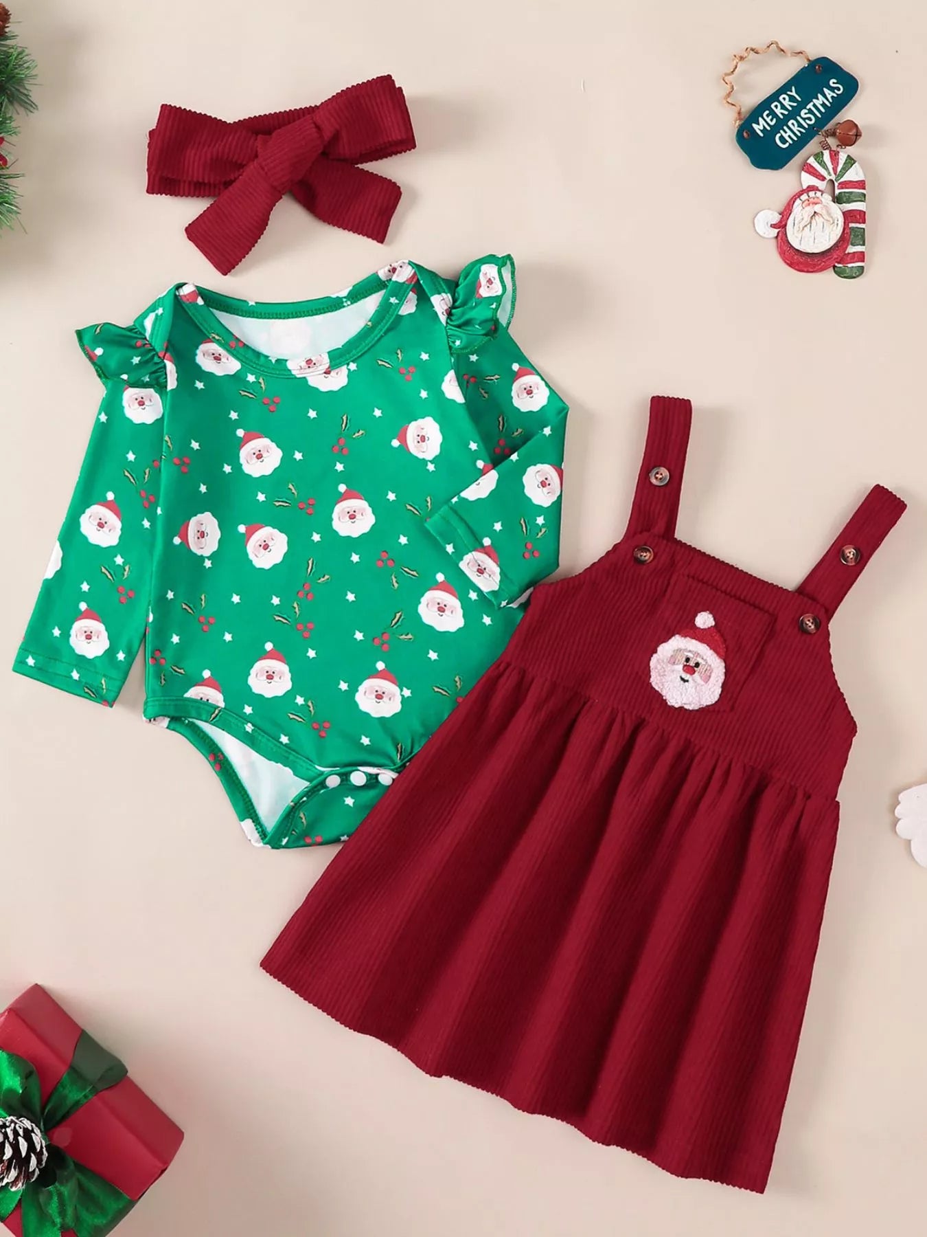 Children's Christmas Bodysuit and Overall Dress Set with Headband