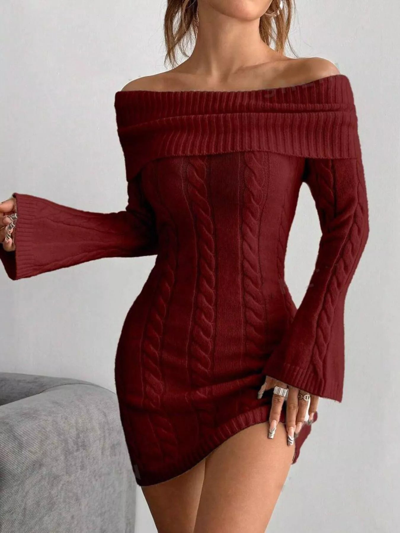 Off-Shoulder Cable Knit Bodycon Sweater Dress