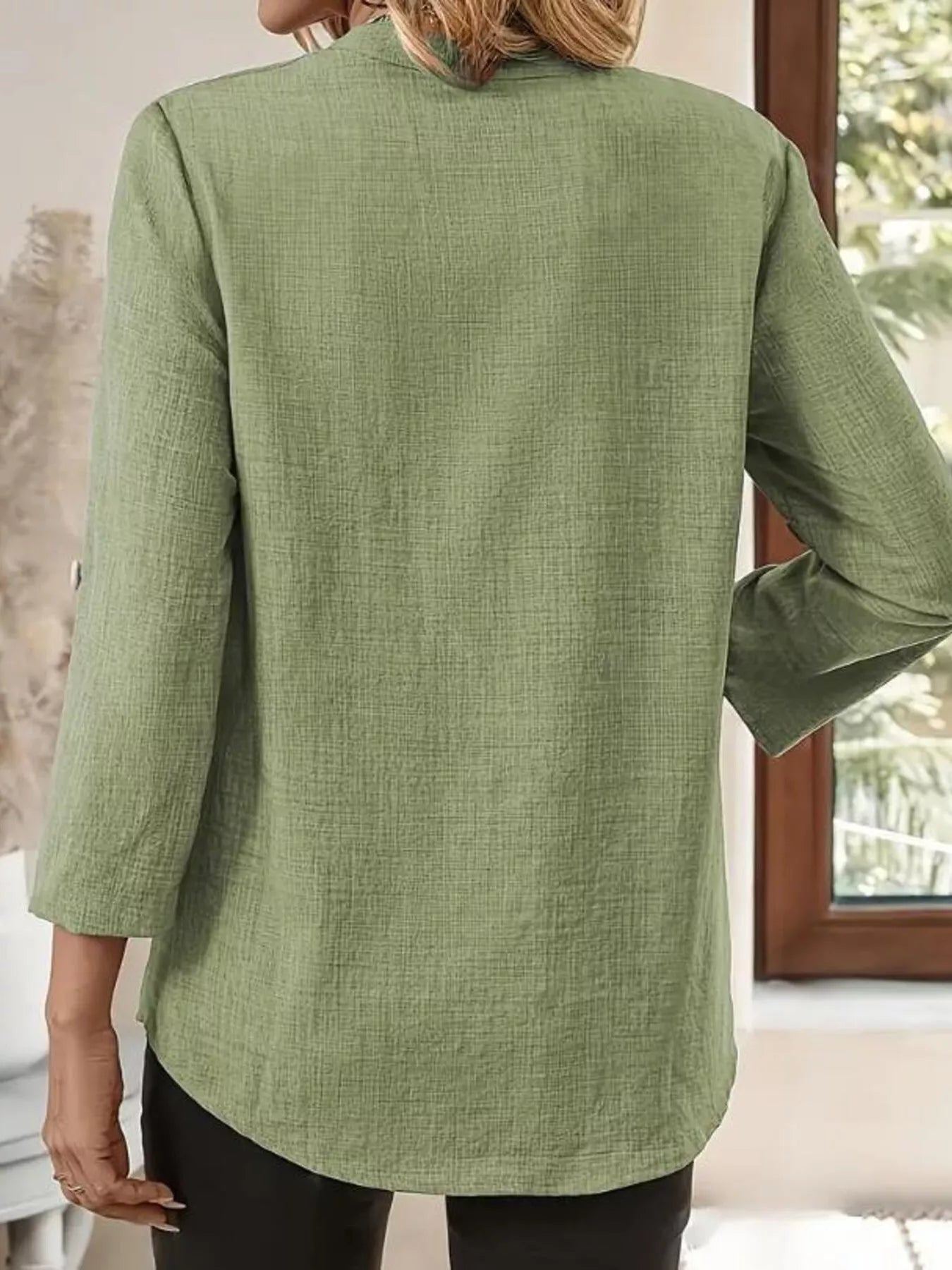 Roll-Up Sleeve Notched Blouse