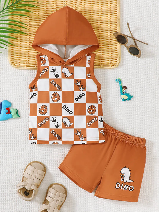 Children's Dinosaur Checkered Sleeveless Hooded Top and Shorts Set Terracotta