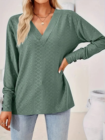 Plus Size V-Neck Textured Long Sleeve T-Shirt
