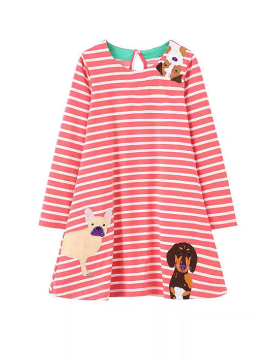 Children's Striped Dog Long Sleeve Dress Red