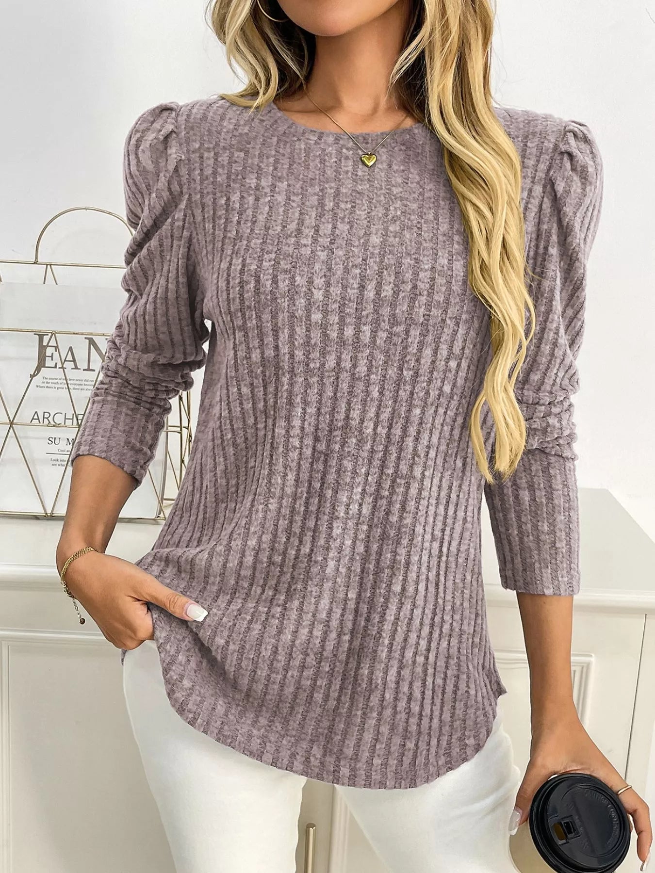 Round Neck Puff Sleeve T-Shirt Beige