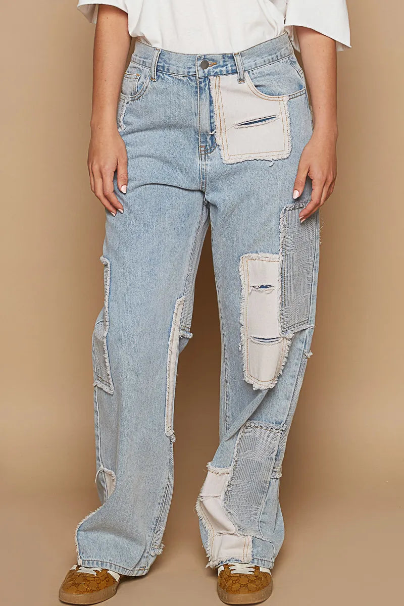 POL Contrast Patched Raw Hem Straight Jeans Light