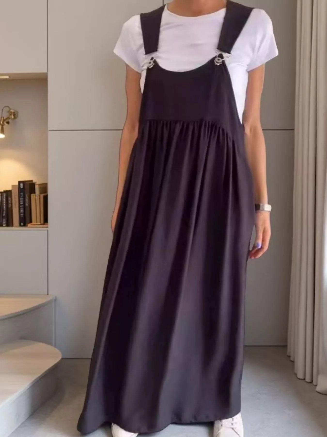 Full Size Ruched Wide Strap Overall Maxi Dress Plus Size Black