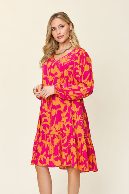 Printed Ruffle Hem Long Sleeve Rayon Dress