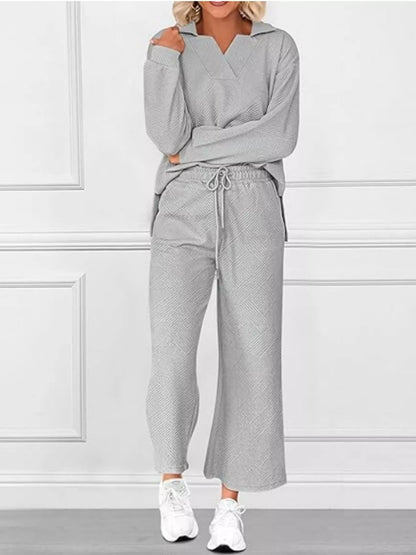 Side Slit Textured Top and Drawstring Pants Set Gray