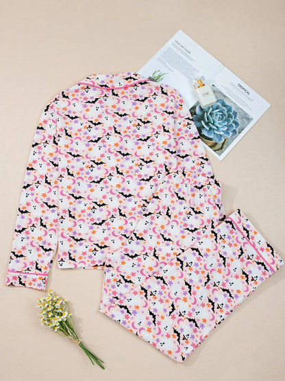 Halloween Ghost Print Button Up Top and Pants Lounge Set