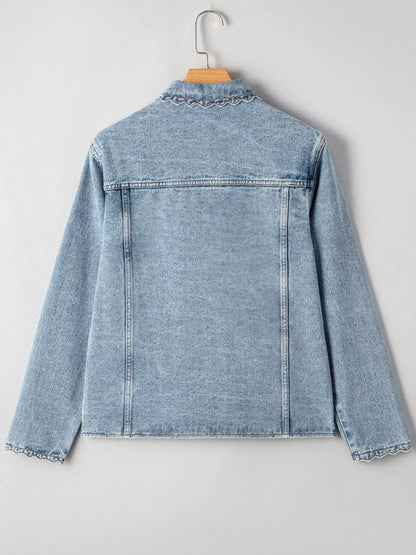 Scallop Trim Collar Patched Pocket Button Up Denim Jacket