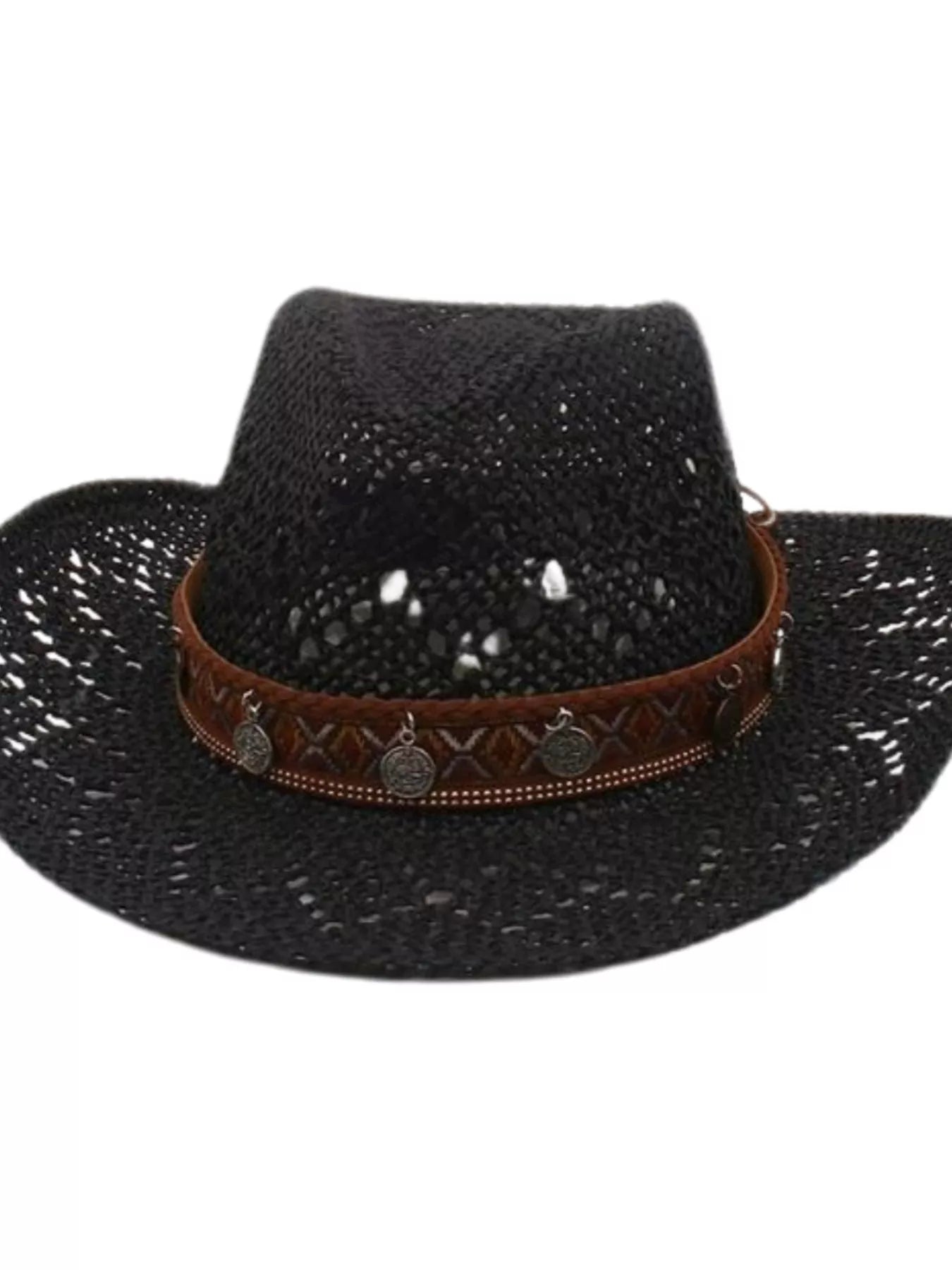 Boho Woven Cowboy Hat Black One Size