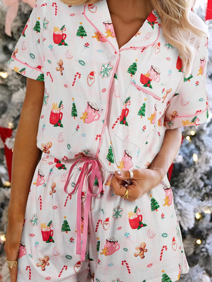 Christmas Print Button Up Top and Shorts Lounge Set White