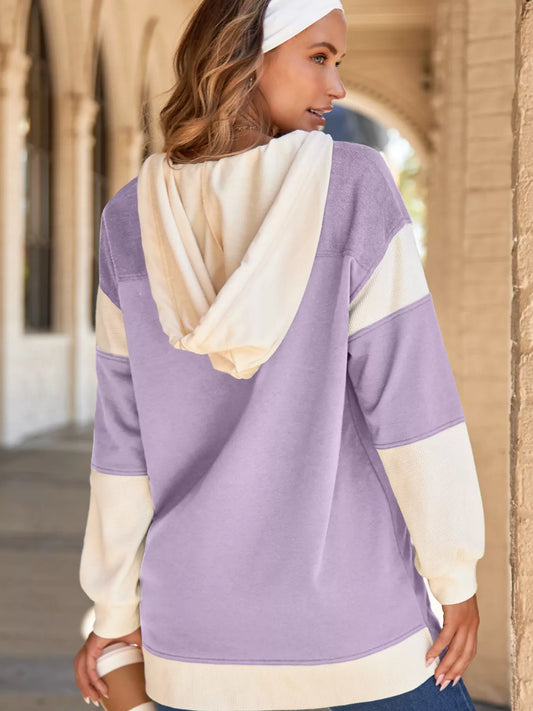 Waffle Contrast Knit Color Block Patchwork Button Front Oversize Hoodie