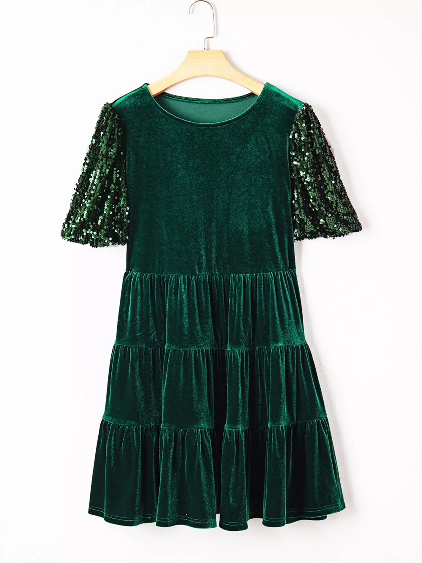 Sequin Puff Sleeve High Waist Tiered Velvet Mini Dress