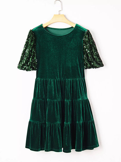 Sequin Puff Sleeve High Waist Tiered Velvet Mini Dress