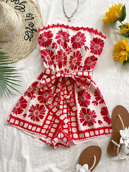 Printed Tube Tie Waist Romper