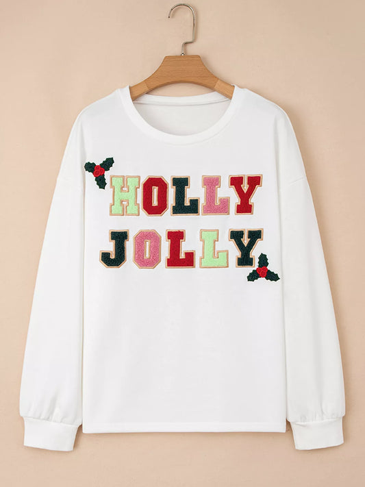 HOLLY JOLLY Embroidered Round Neck Sweatshirt