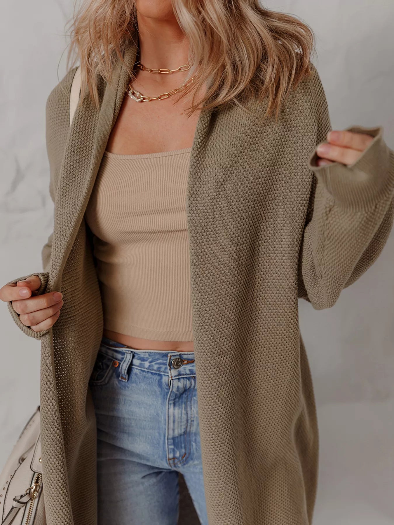 Solid Color Textured Knit Open Front Oversize Cardigan