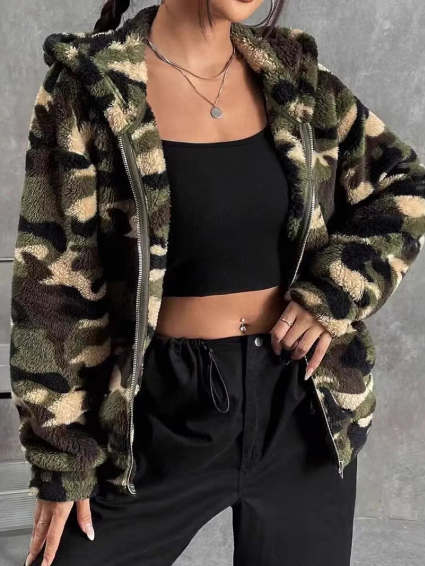 Camo Print Fuzzy Zip Up Outerwear Army Green