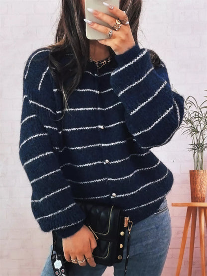 Striped Button Up Long Sleeve Cardigan Dark Navy One Size