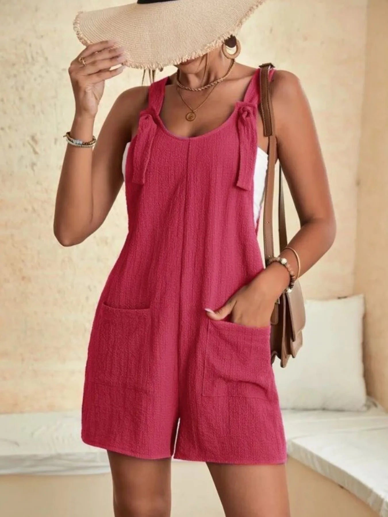 Full Size Knot Strap Romper with Pockets Plus Size